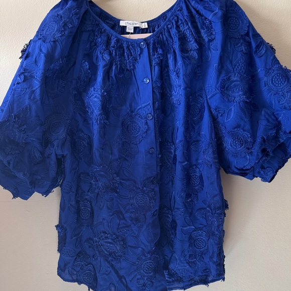 Chico's Cobalt Blue Floral Appliqué Puff-Sleeve Button Up Scoop Neck Blouse -XL - Picture 2 of 15